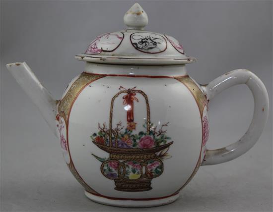 A Chinese export famille rose globular teapot, Qianlong period, 14.5cm., some damage